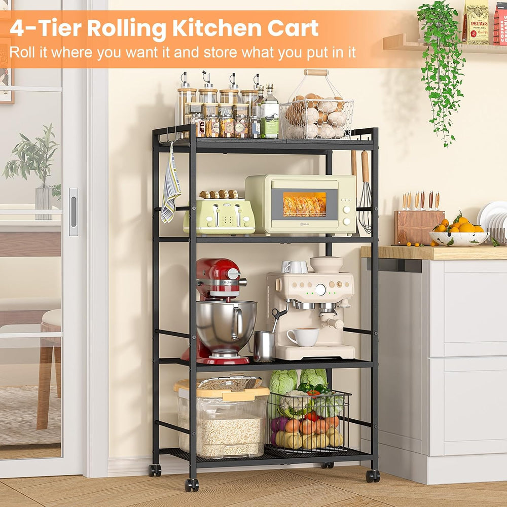 4-Tier Rolling Microwave Cart, Kitchen Storage Cart with Wooden Tabletop