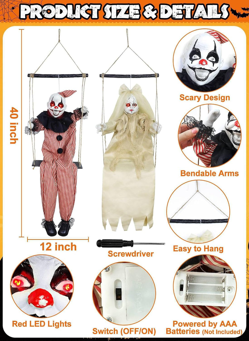 2 Pack Hanging Halloween Decorations Outdoor Swinging Clown & Girl Ghost
