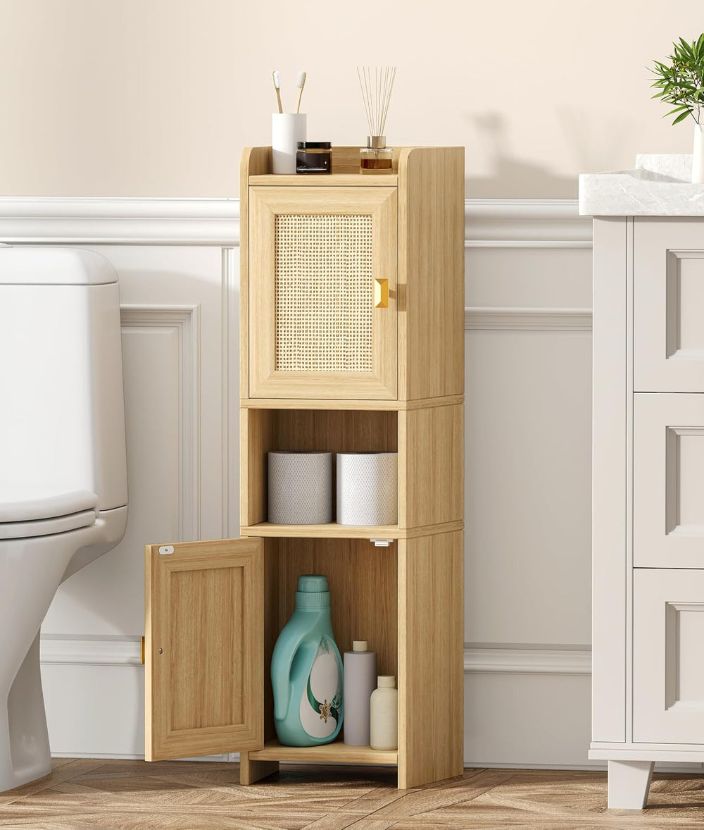 9.8''W Rattan Small Bathroom Storage Cabinet 2 Doors Oak