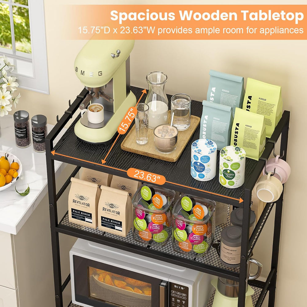 4-Tier Rolling Microwave Cart, Kitchen Storage Cart with Wooden Tabletop