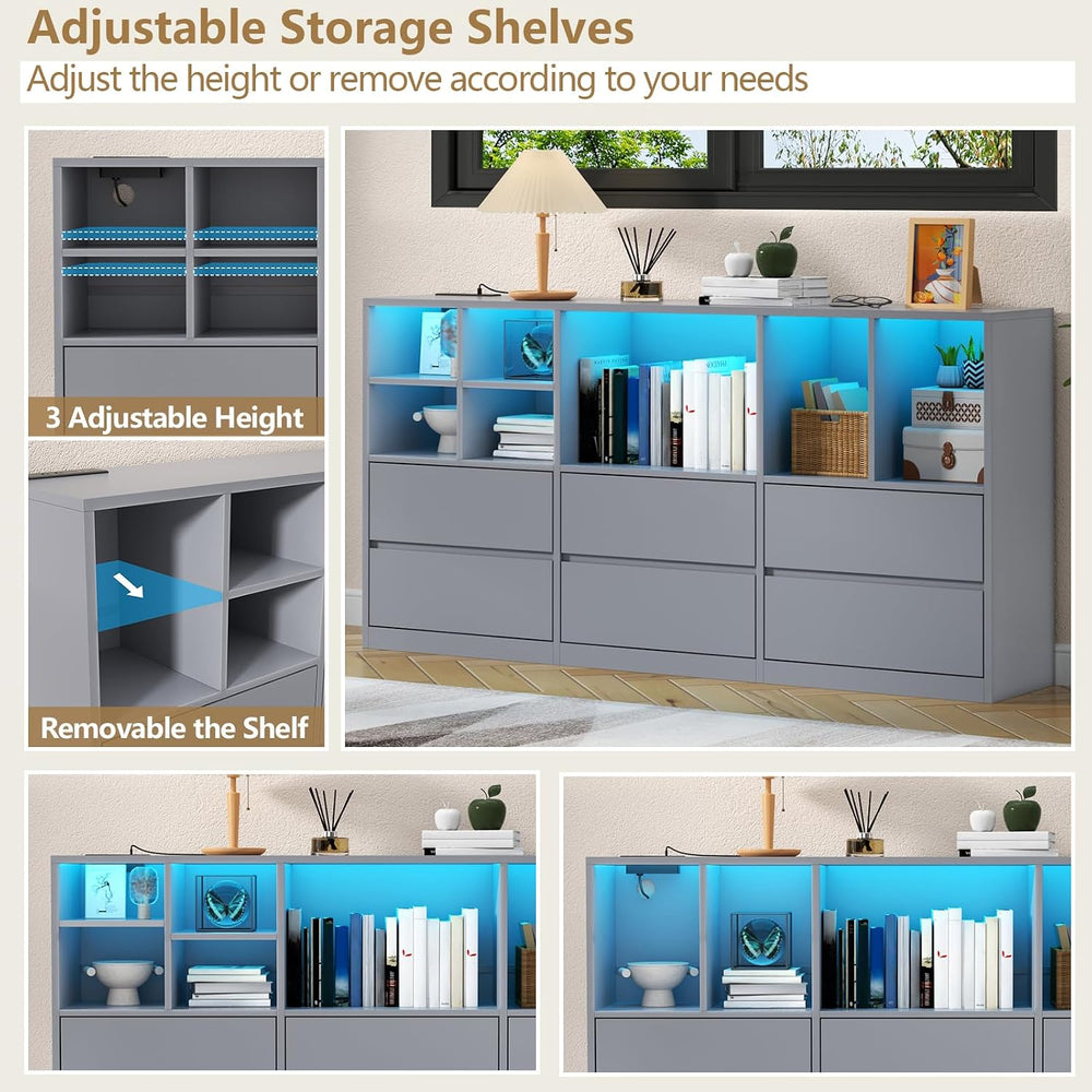 Grey 6 Drawers Dresser with 7 Storage Cubbies, LED Lights, Power Outlets