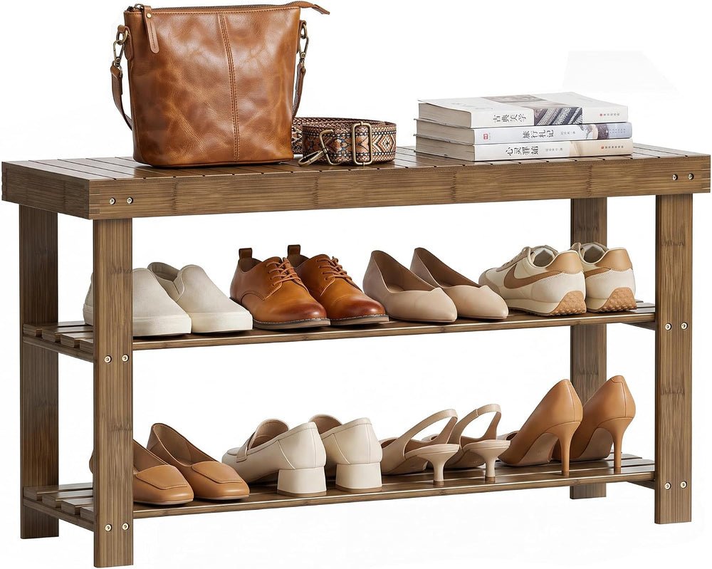 SMIBUY Bamboo Shoe Rack Bench, 3-Tier Shoe Organizer Storage Shelf for Entryw...