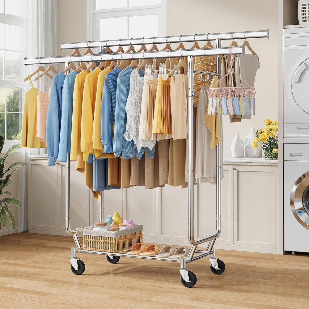 Tajsoon Clothes Rack Double Rod Clothing Rack with Wheels Load 450 LBS