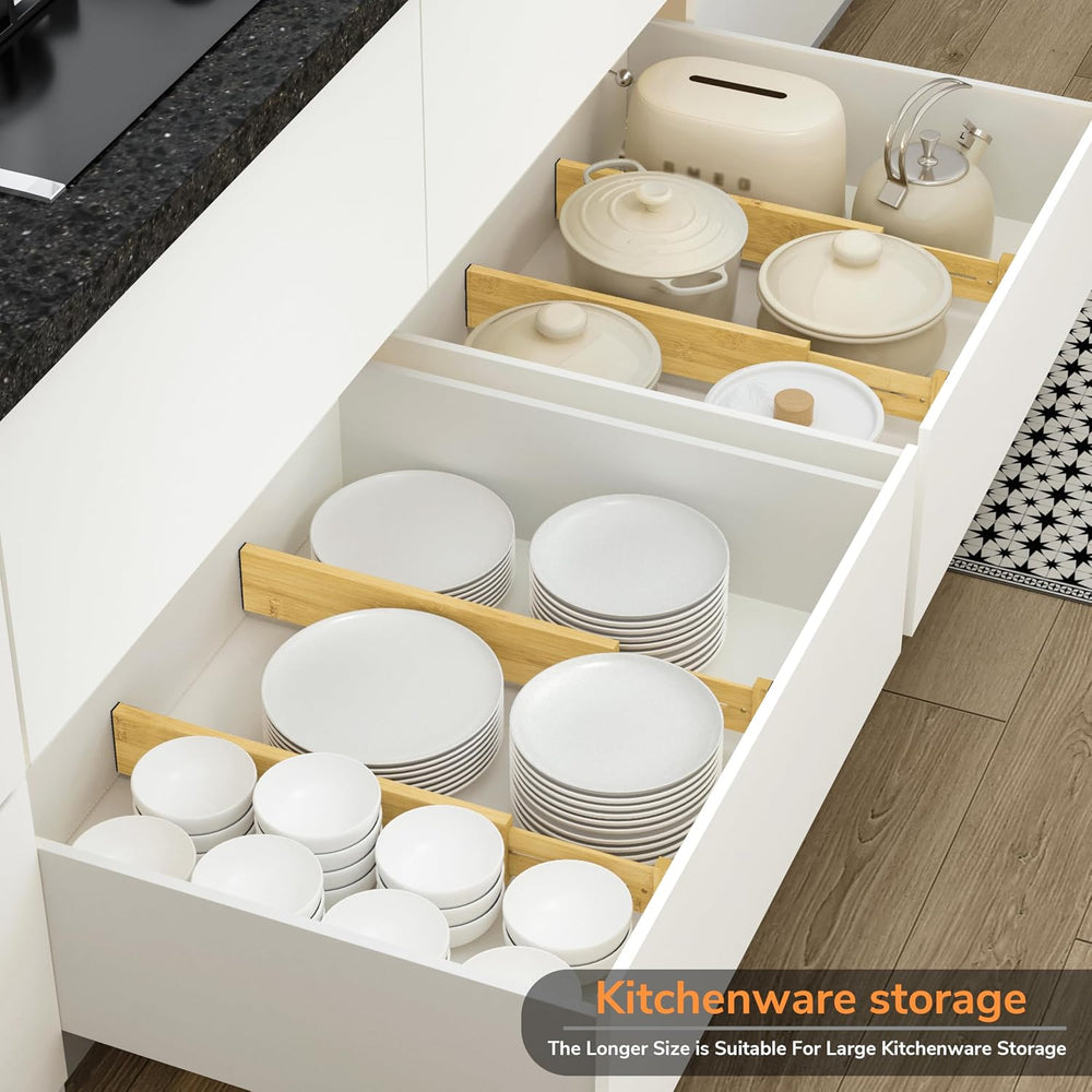 BAMEOS Bamboo Expandable Drawer Dividers – Fits 16.65"–22" Drawers,...