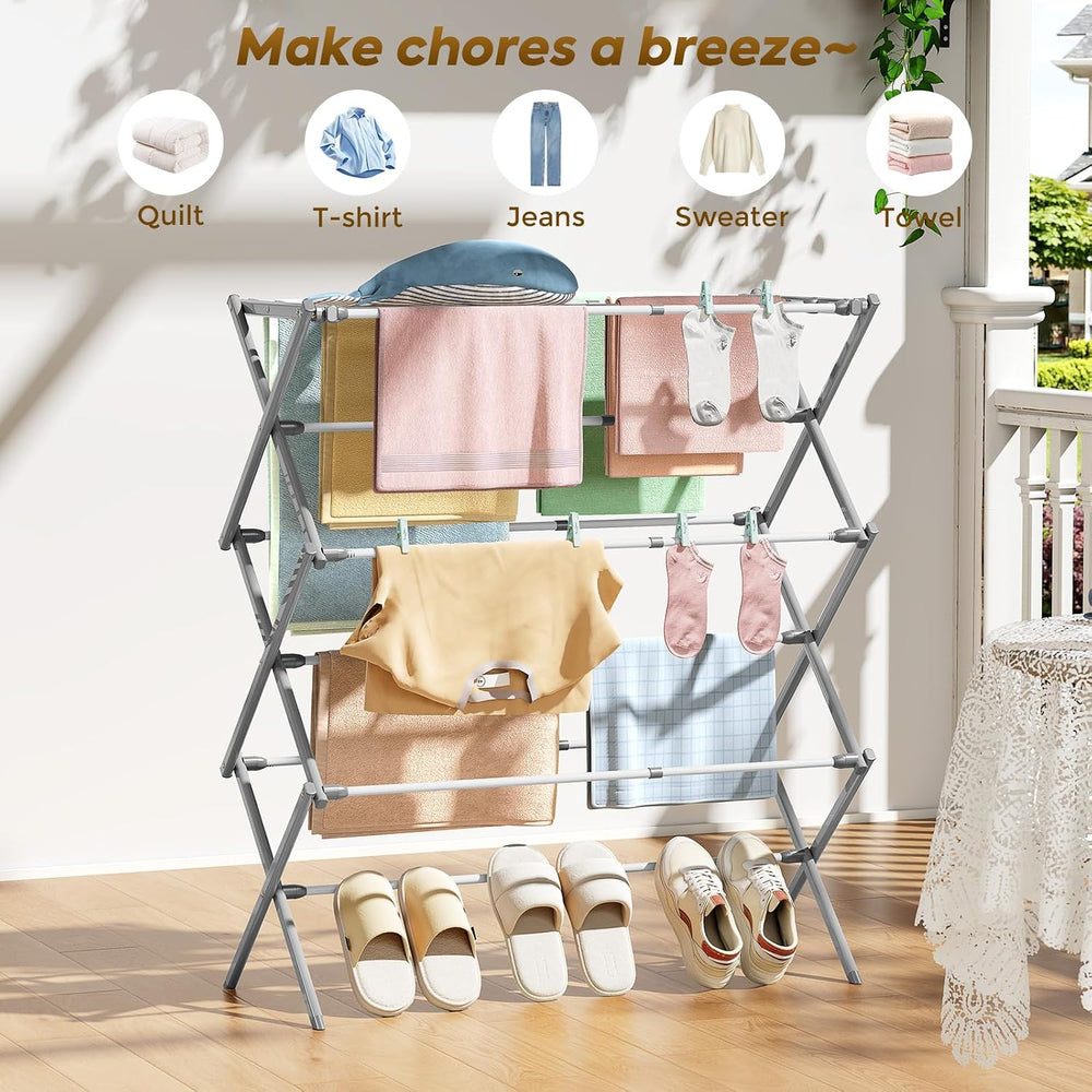 Clothes Drying Rack, 3-Tier Foldable Extendable, White & Grey