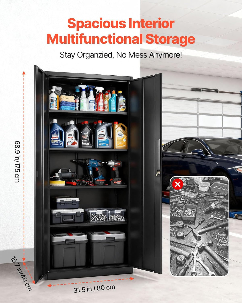 VEVOR Metal Storage Cabinet, 68.9 in Lockable Steel Garage Cabinet with 4 Adj...