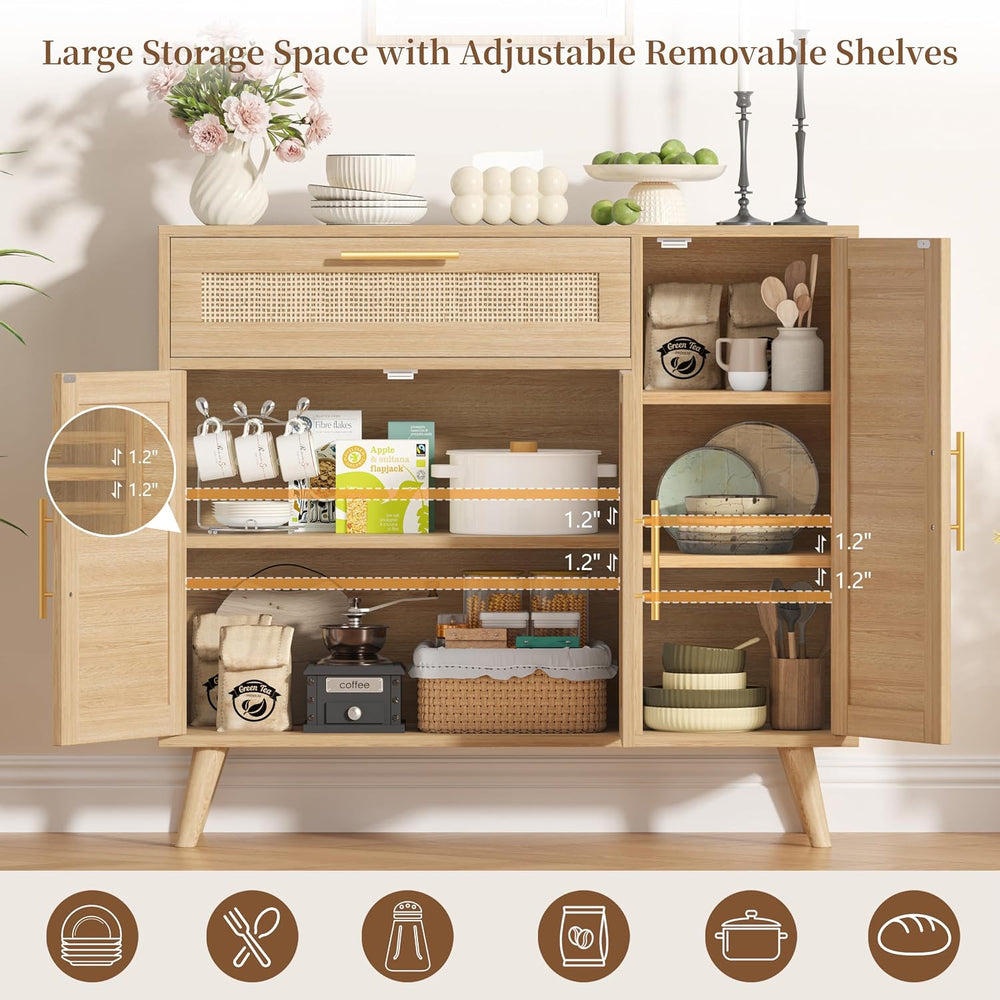 Kitchen Buffet Cabinet with 3 Doors, Rattan Storage Cabinet