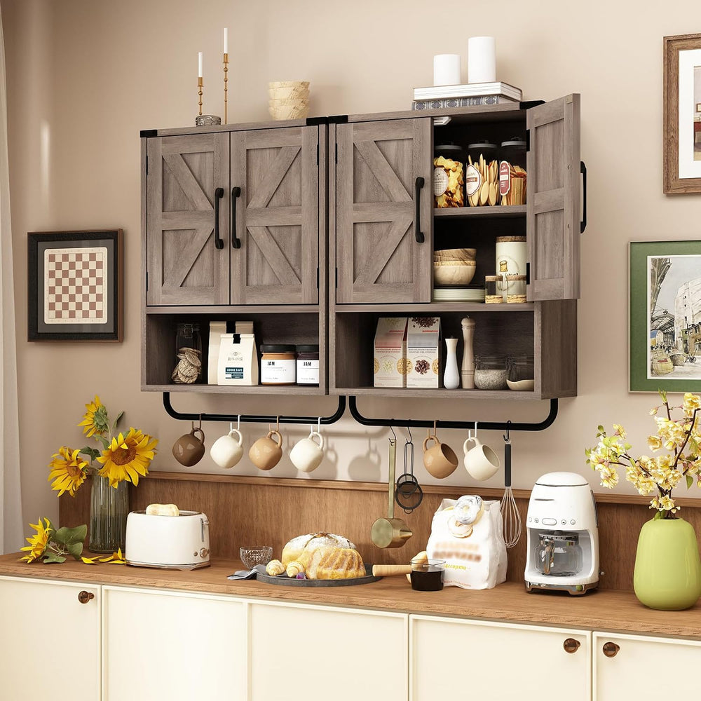 RUSTOWN Farmhouse Wall Storage Cabinet with 2 Barn Door & Towel Rack