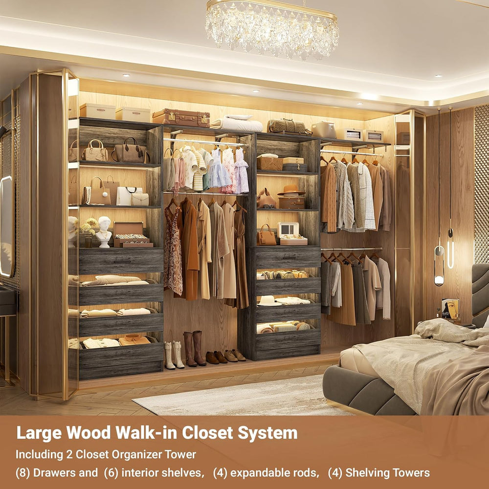 Aheaplus Closet System, Wood Closet Organizer System with 8 Drawers &4 Rods