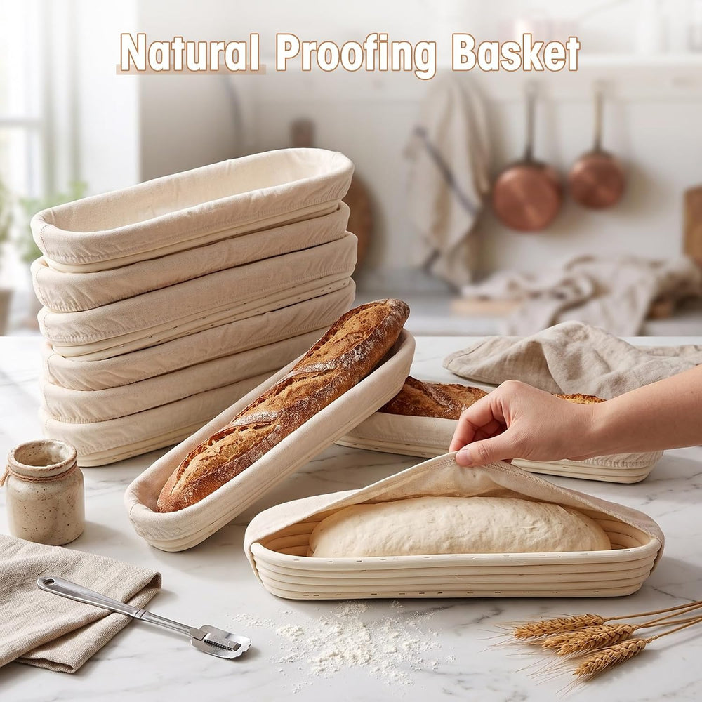 Vesici 15 Inches 10 Pack Baguette Banneton Proofing Basket with Linen Liner