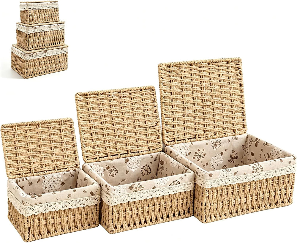 Wicker Storage Baskets with Lids, Set of 3 Nesting Natural Rattan Organizer B...