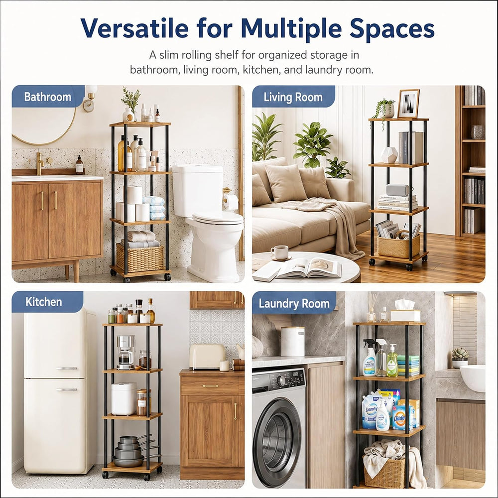 4-Tier 38.2" Tall Rustic Brown Bathroom Shelving Unit with Wheels