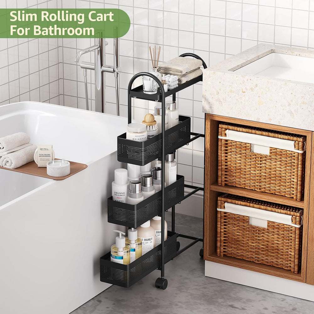 KINGRACK 4 Tier Slim Rolling Cart with Drawer, Metal Utility Storage Cart | 3...