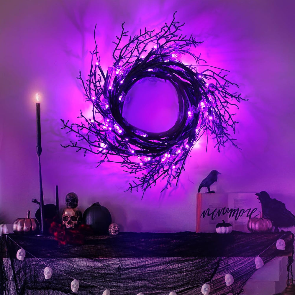 9FT 72 LED Willow Vine Twig Decor Black Halloween Garland with Bat & Purp...