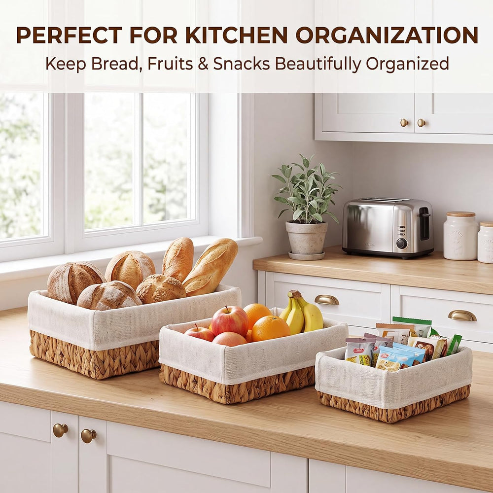 3 Pcs Wicker Storage Baskets with Liner, Water Hyacinth Rattan Baskets