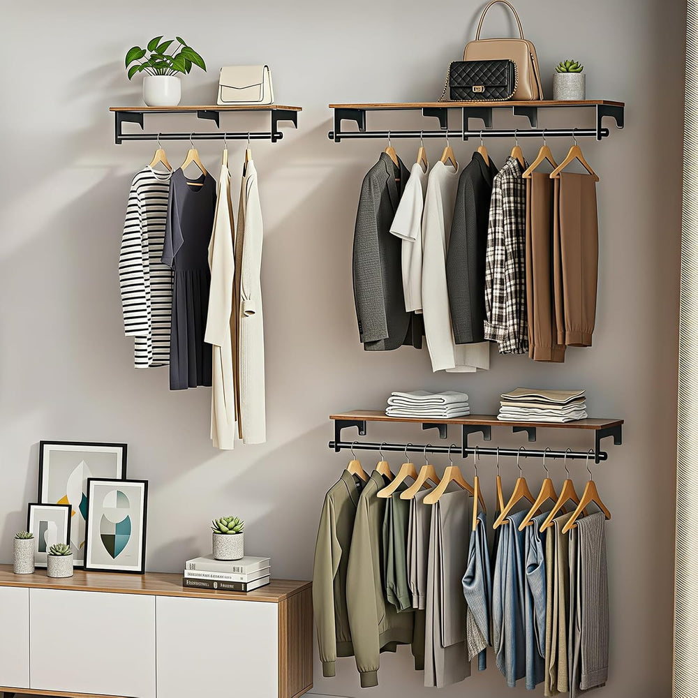 Luxspire 43.3" Wall Mount Clothes Rack with Wood Top Shelf Hanging Clothes