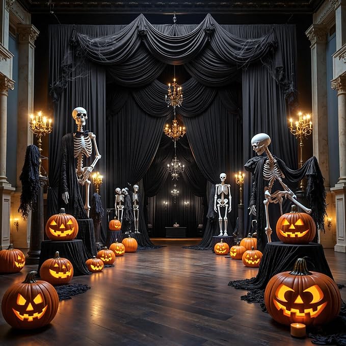 PartyVillage 60ft×15ft Black Backdrop Curtain for Halloween Parties, 12 Panel...