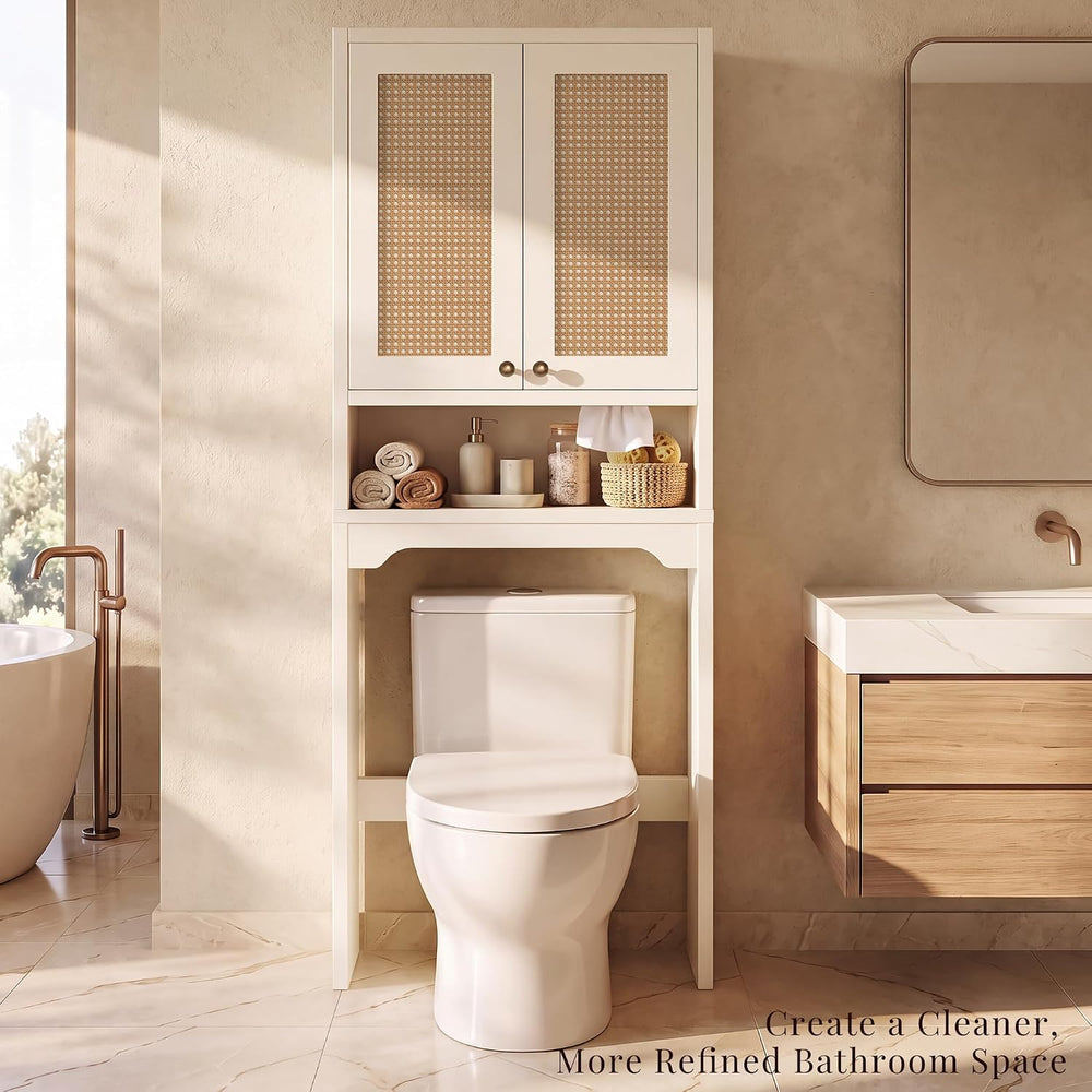 Over the Toilet Storage Cabinet with Rattan Door & Adjustable Shelf, White
