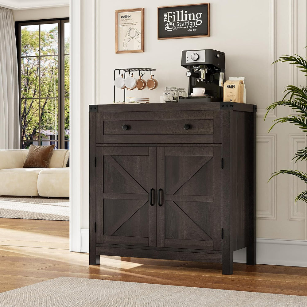 HOSTACK Kitchen Storage Cabinet, Farmhouse Coffee Bar Cabinet, Dark Brown
