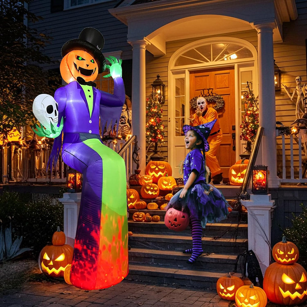 10FT Sitting Halloween Inflatable Pumpkin with Flame Light for Roof Decor