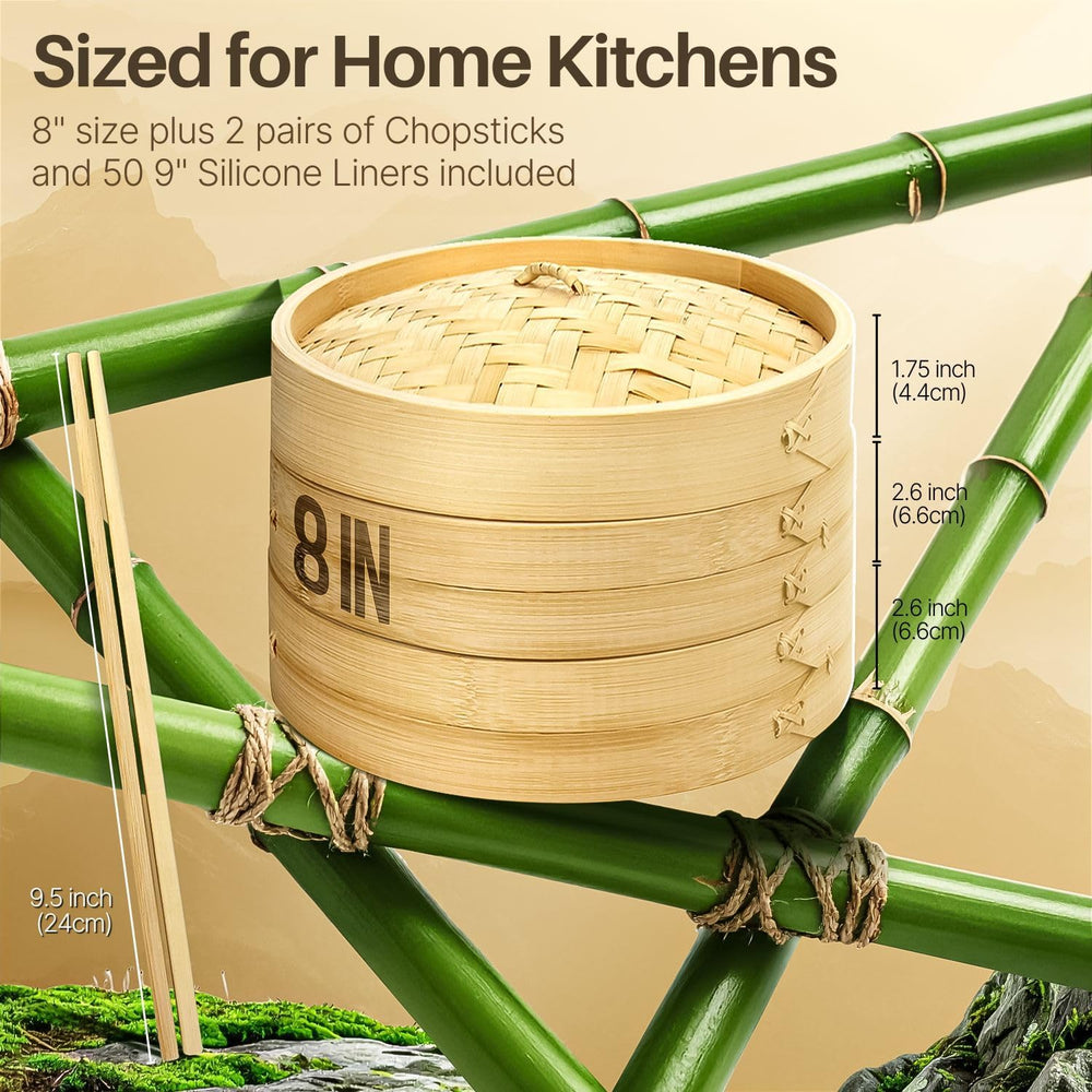 Flexzion Bamboo Steamer Basket Set (8 inch), 50 x Steamer Liners and 2 Pairs ...