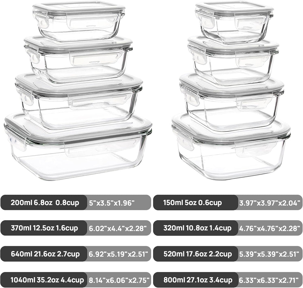 Vtopmart 8 Pack Glass Food Storage Containers with Lids Grey