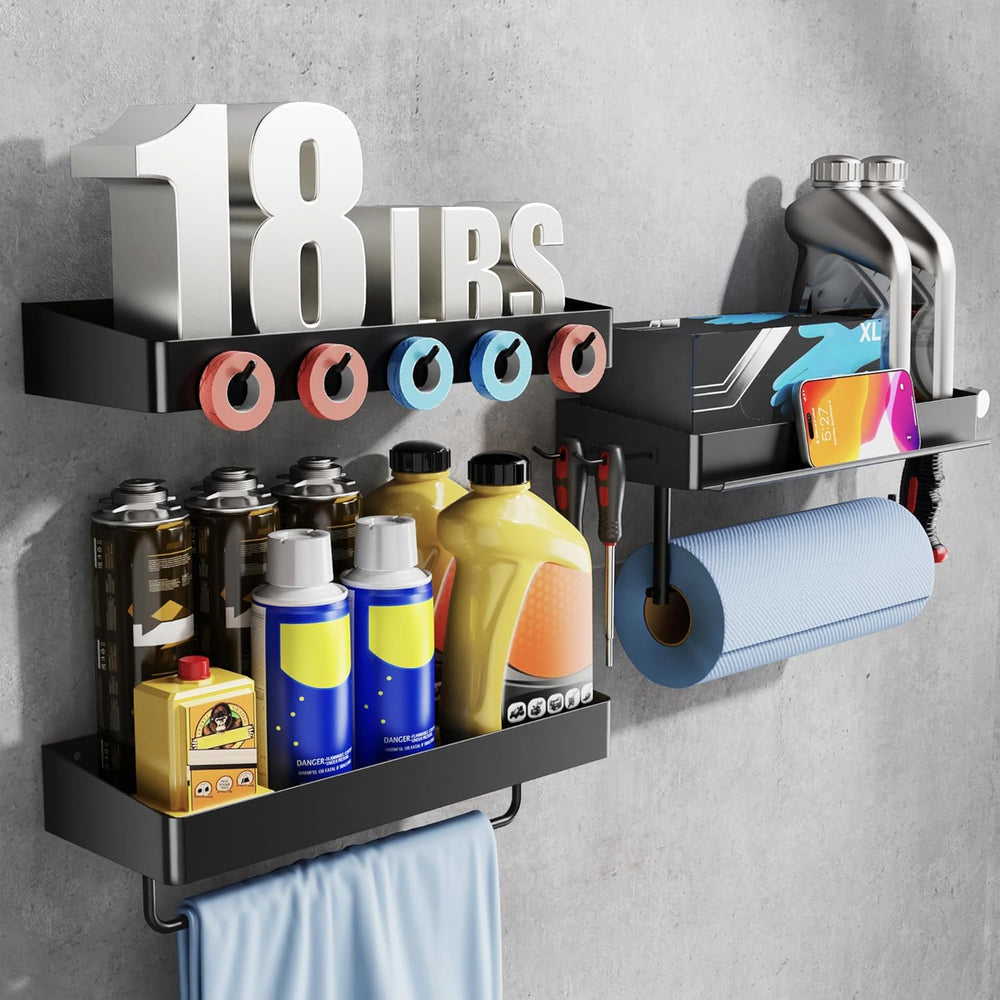 SUNTECH Garage Paper Towel Holder with Shelf, Wall-Mount, 3 Pack (Black)
