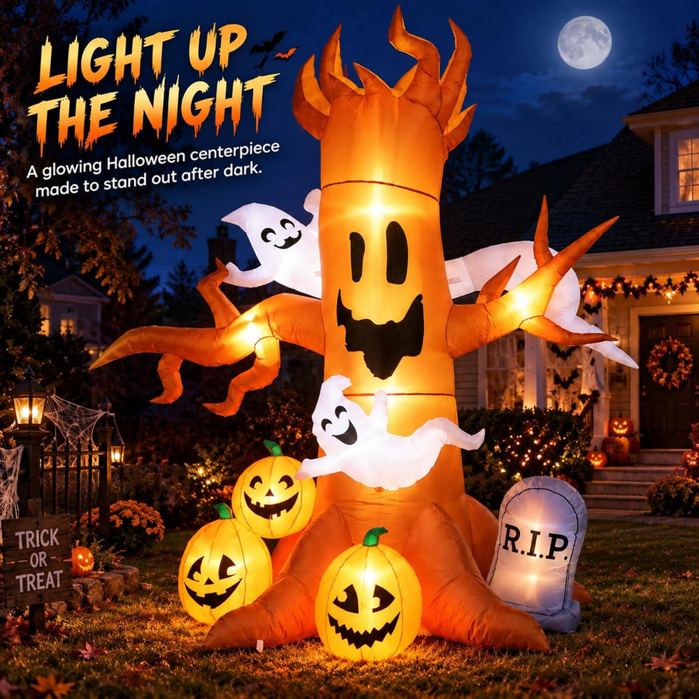8FT Halloween Inflatable Ghost Tree Decoration with Pumpkins, Tombstone