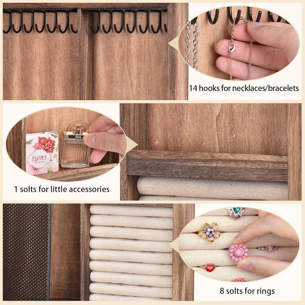 Wall Mounted Jewelry Organizer Box Rustic Wood Large Space Jewelry Cabinet Ho...