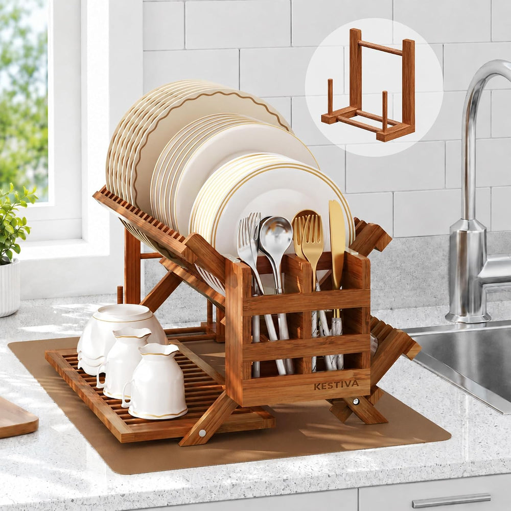 Teak Dish Drying Rack with Utensil Holder 3 Tier Dish Drainer