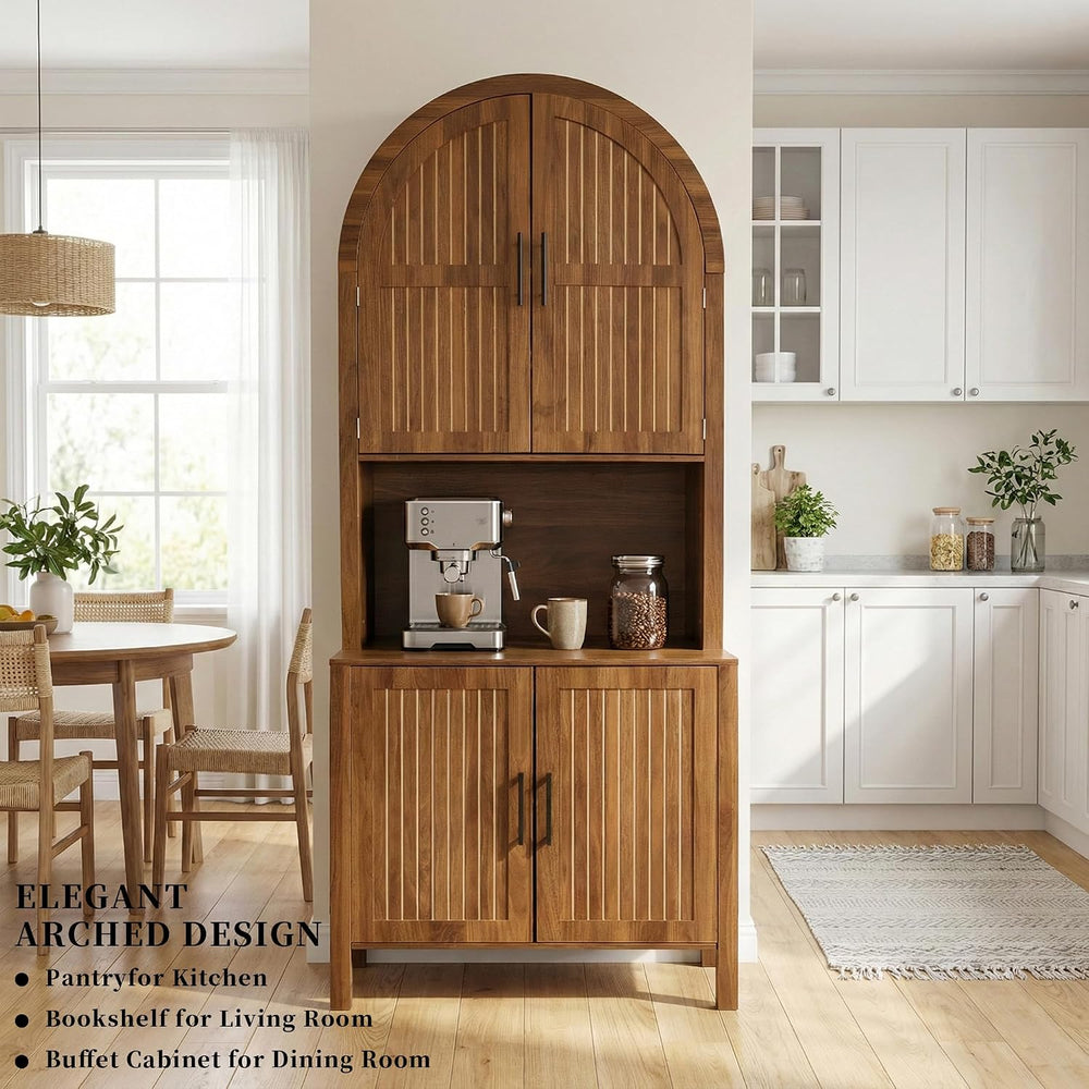 Arched Kitchen Pantry, Large Kitchen Storage Cabinet with Fluted Doors