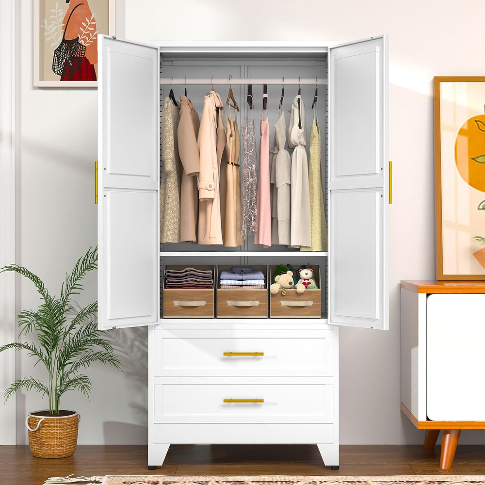 Metal Wardrobe Cabinet with Hanging Rod, Clothing Storage Cabinets