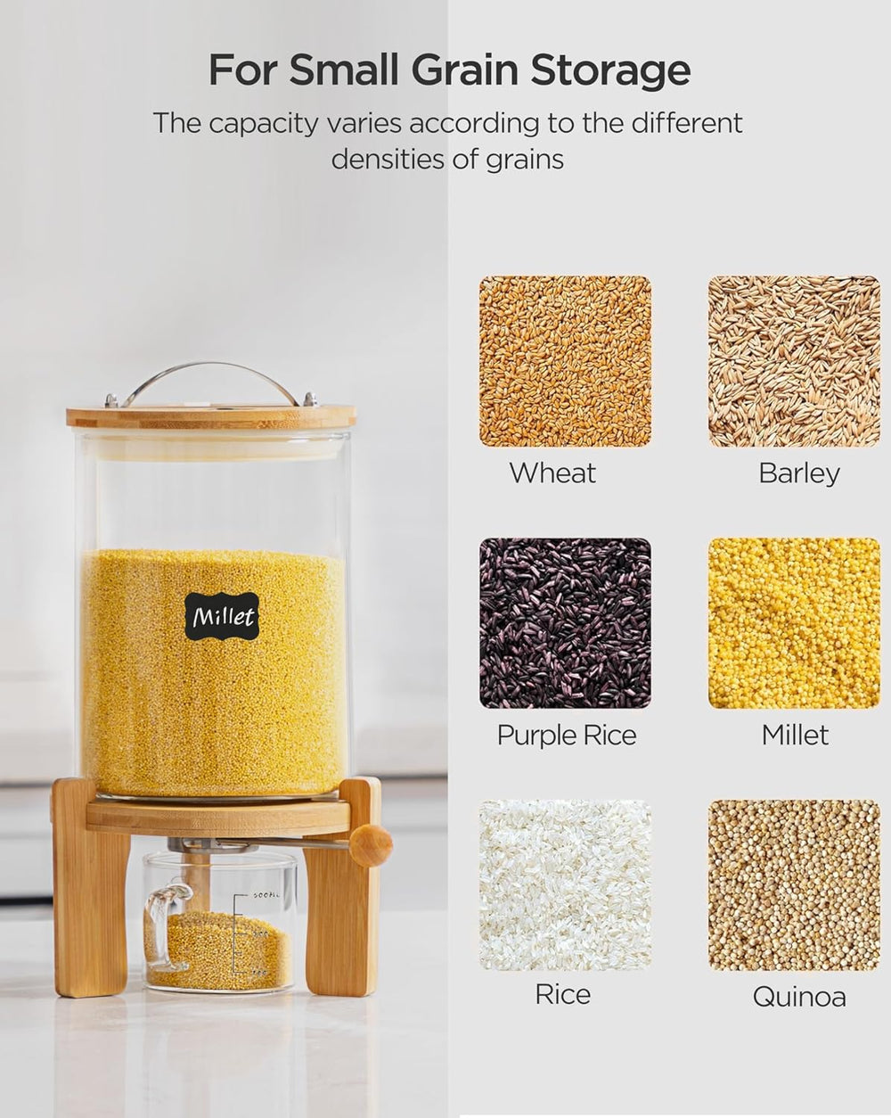 5-7 lbs Glass Rice Dispenser with Wooden Stand Flour and Cereal Container wit...
