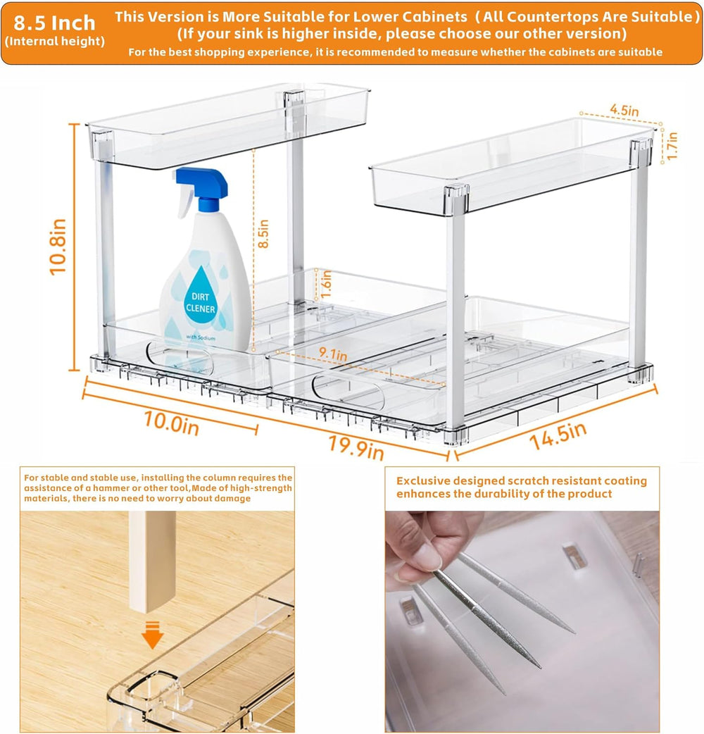 Yieach 2 Pack 14.5″ Deep Pull Out Under Sink Organizer,10.8″ High 2 Tier Slid...