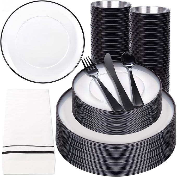 NOCCUR 350PCS Clear and Black Plastic Plates - Disposable Dinnerware Set for ...