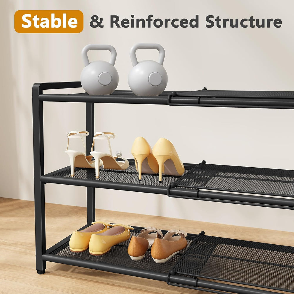 Gewudraw Expandable Metal Shoe Rack for Closet, 3-Tier Shoe Organizer,Black