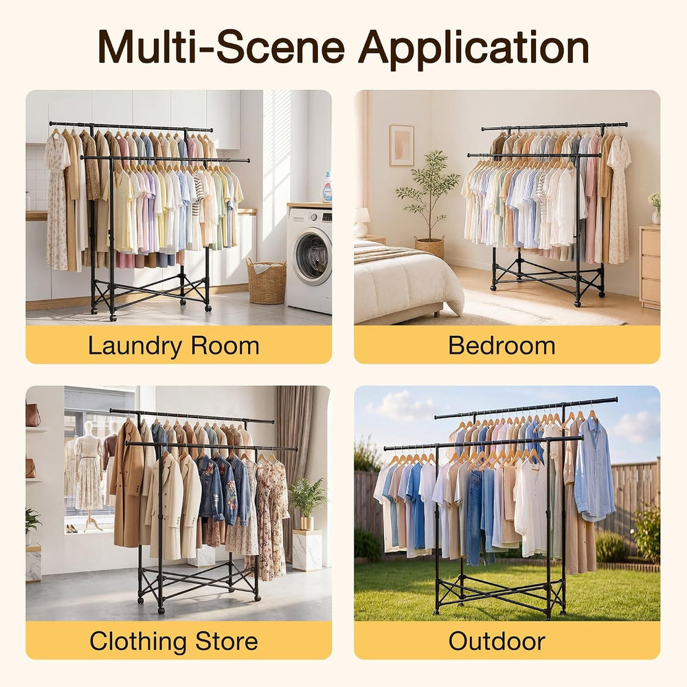 No-assembly Clothes Rack,Double Rod 59-Inch Rolling clothing rack