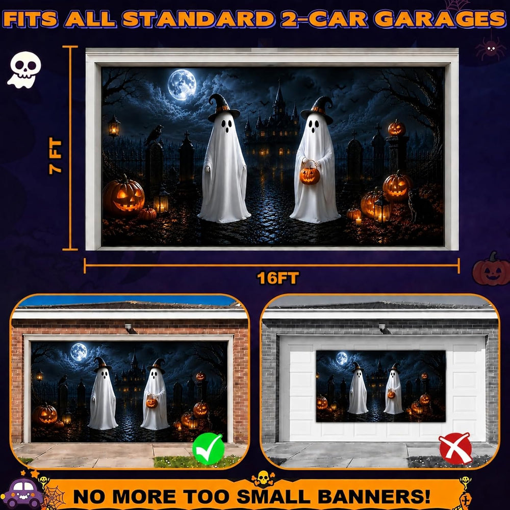 Halloween Garage Door Cover 16x7 FT, Ghost Halloween Garage Door Decoration