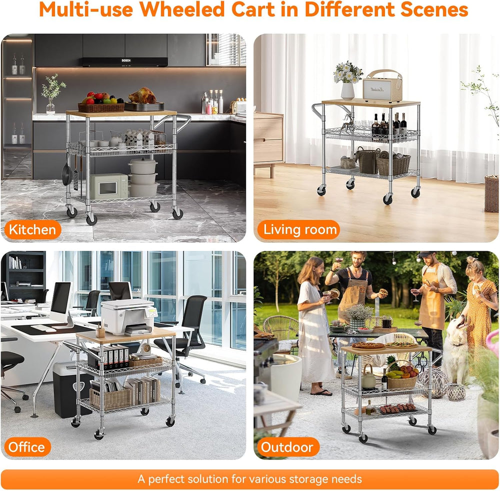 3 Tier Rolling Kitchen Carts on Wheels with Storage,650Lbs Heavy Duty Utility...