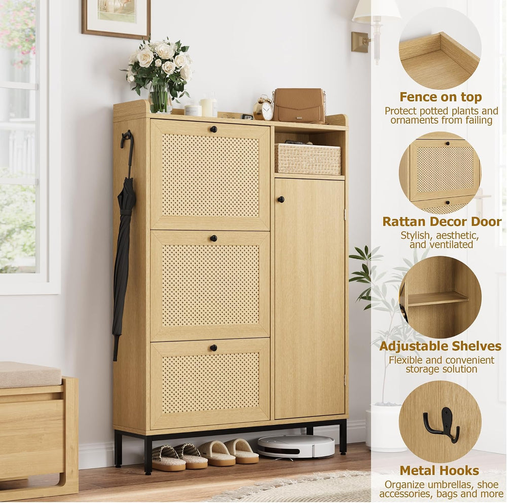 Rattan Shoe Cabinet with 3 Flip Drawers and Door for Entryway