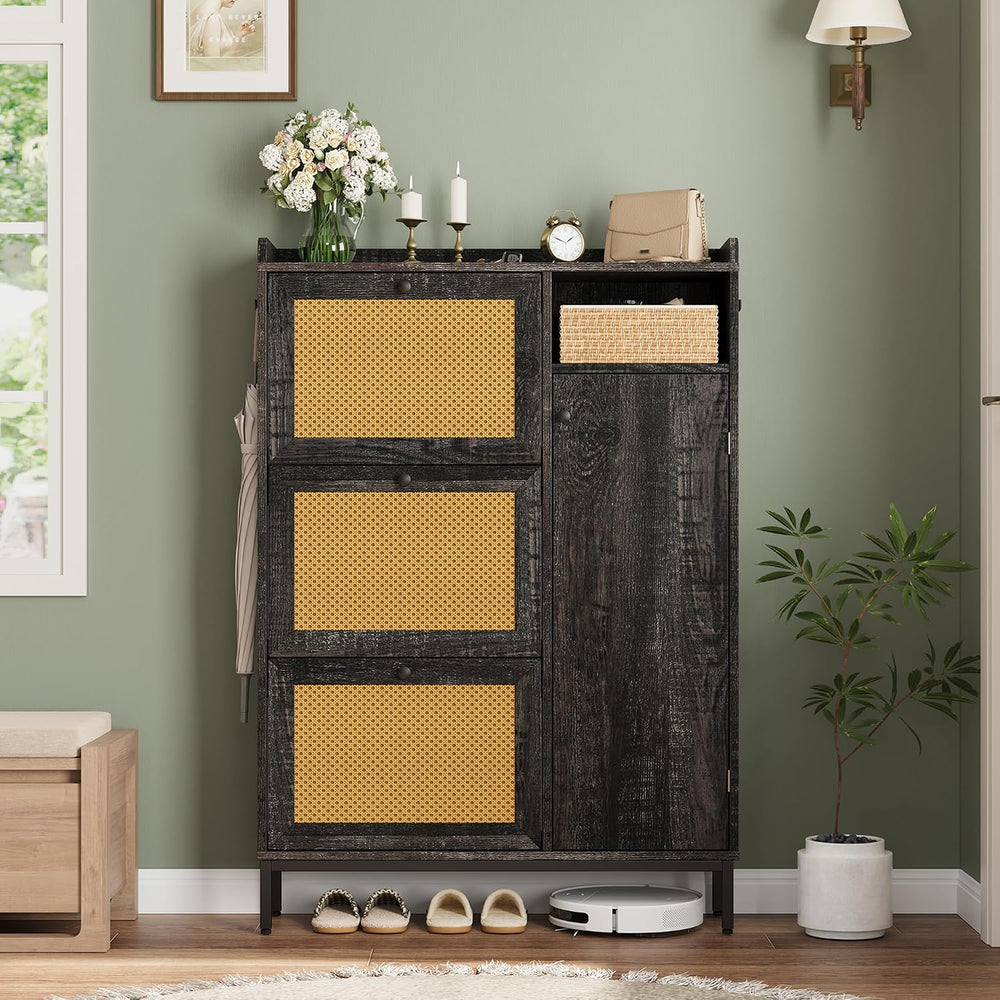 GarveeHome Shoe Cabinet Rattan with 3 Flip Drawers