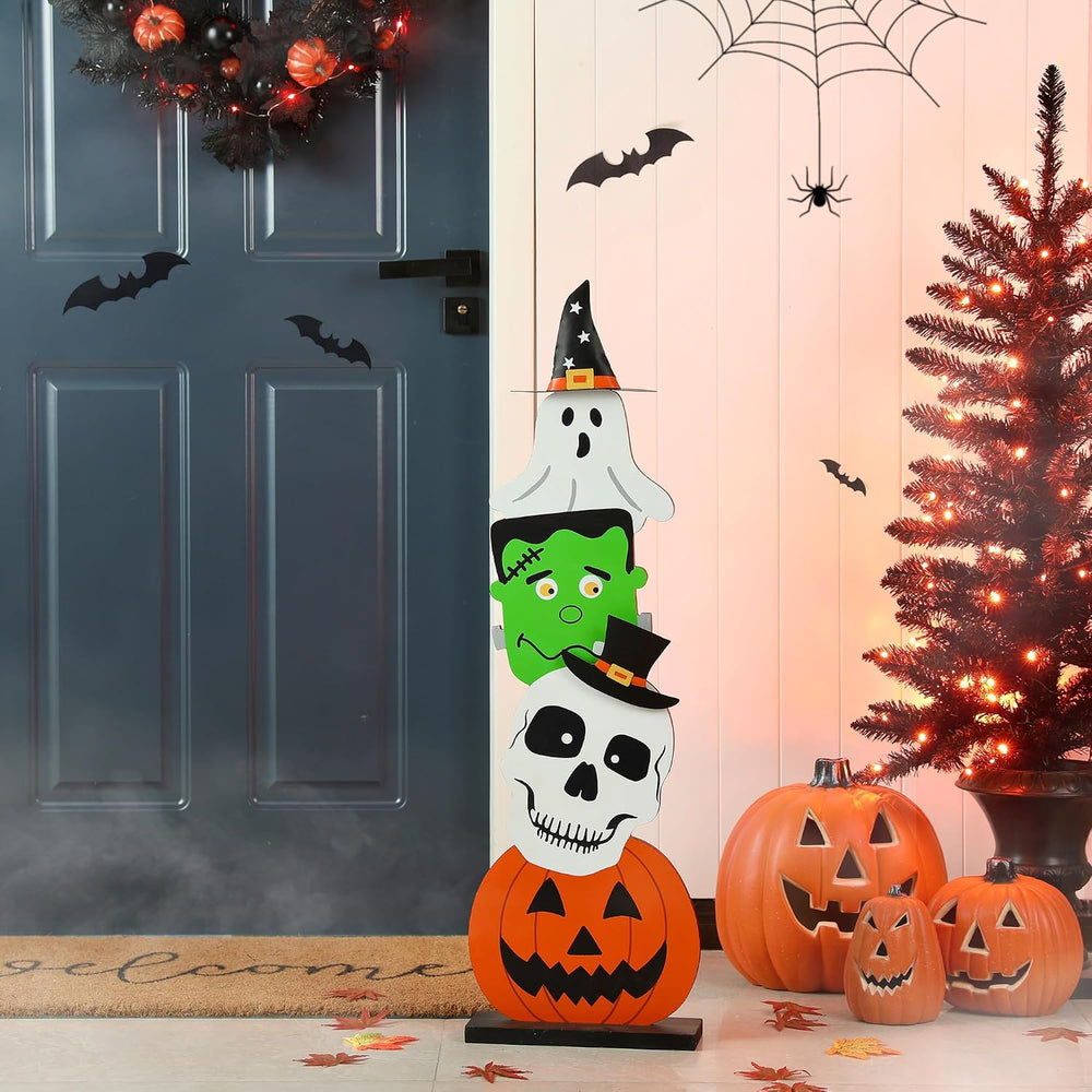 Glitzhome 36'H Wooden Halloween Stacked Ghost Frankenstein Skull Pumpkin ...