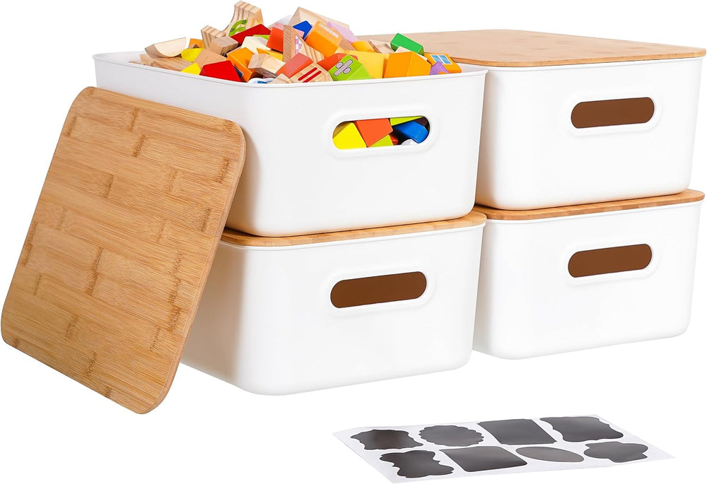 Citylife 16QT Storage Bins with Bamboo Lids, Stackable with Handles, 4-Pack