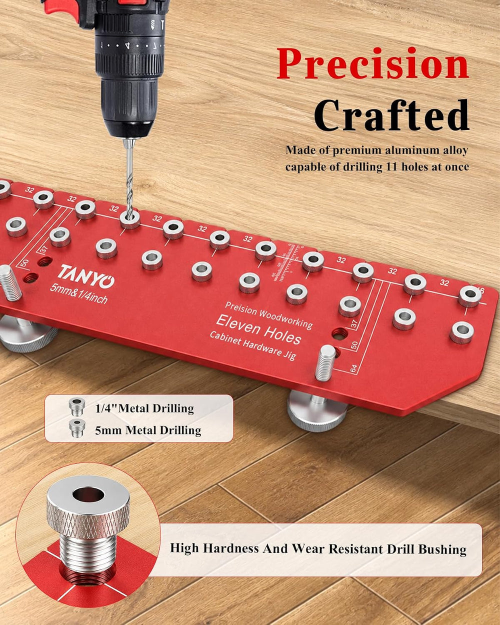 TANYO 11-Hole Shelf Pin Jig, 1/4" & 5mm Drill Bits, Cabinet Hardware