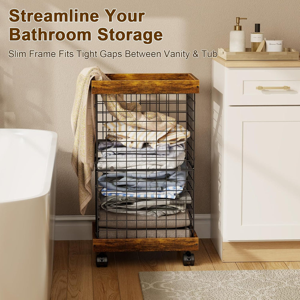 Laundry Basket with Wheels, Rolling Hamper Wooden Wire Laundry Bin