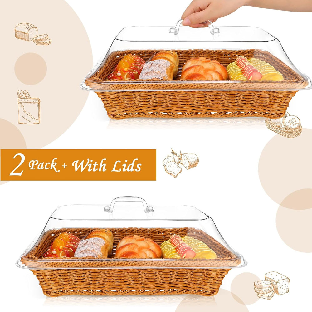 Mumufy 2 Pack Wicker Large Bread Basket with Acrylic Lid Housewarming Gift Wo...