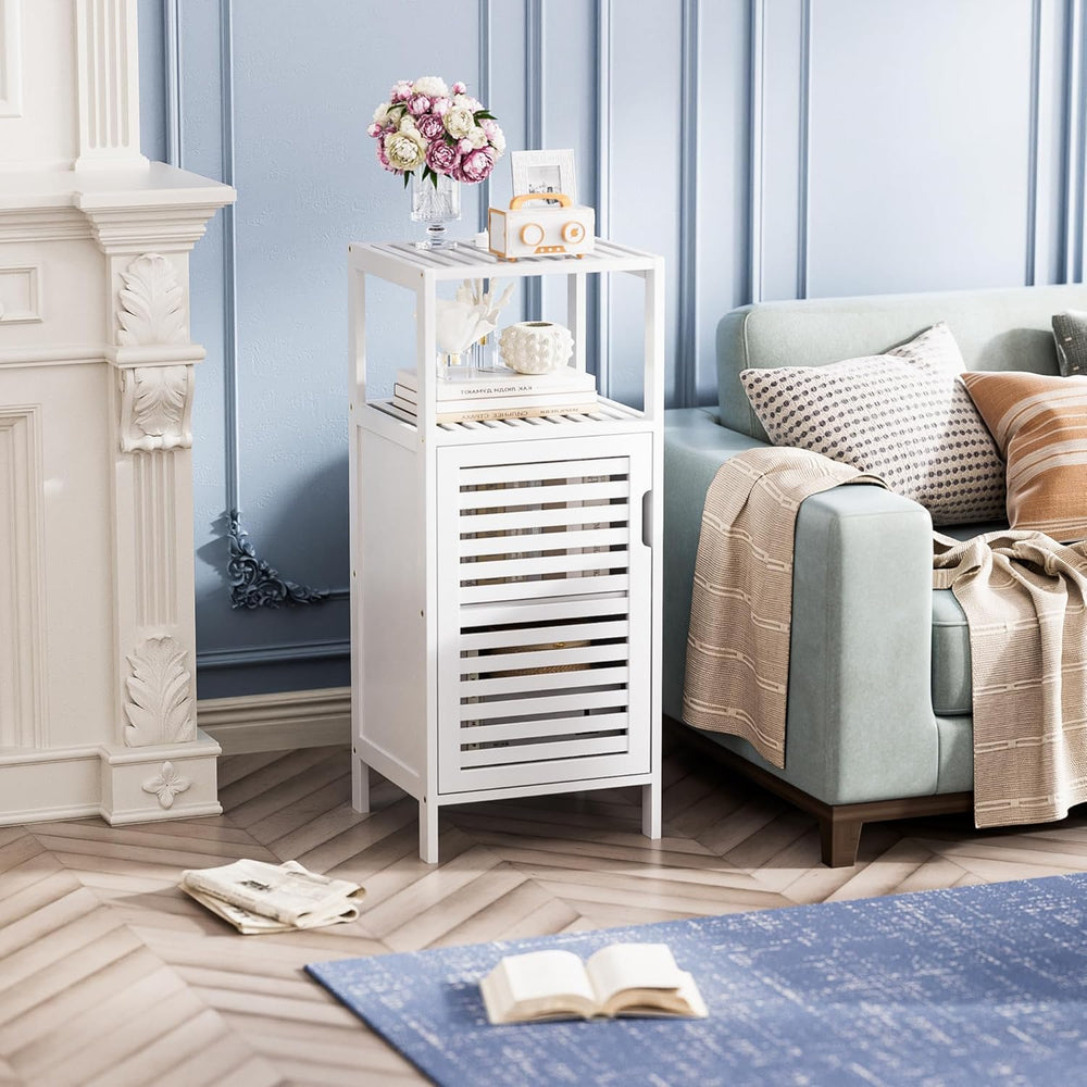 Bamboo Bathroom Storage Cabinet, 4 Tier Small White Floor Cabinet with Single...