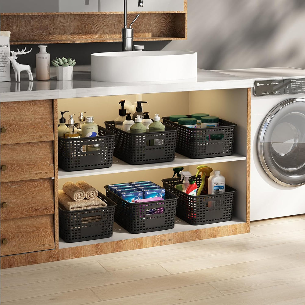 Black Plastic Storage Baskets for Organizing, 12 Pack