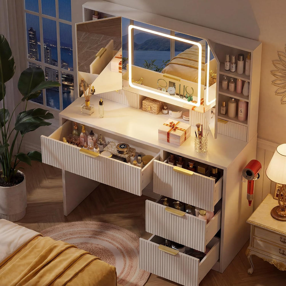 COMHOMA Vanity Desk with 3-Way Mirror and Lights, Makeup Vanity with 360° Vie...