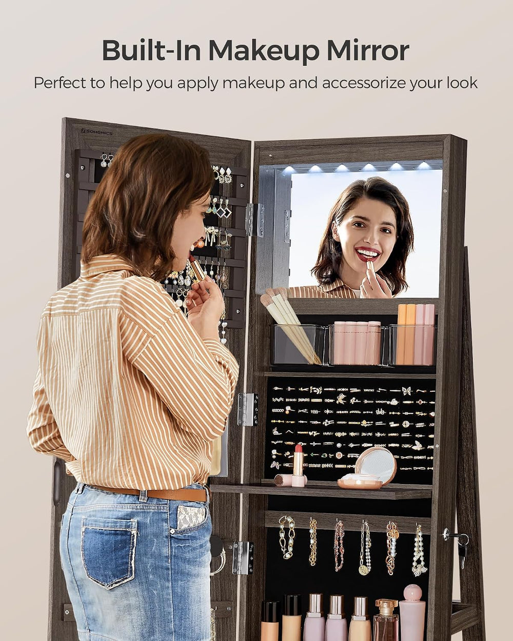 SONGMICS 6 LEDs Mirror Jewelry Cabinet Organizer, 360° Swivel, Lockable